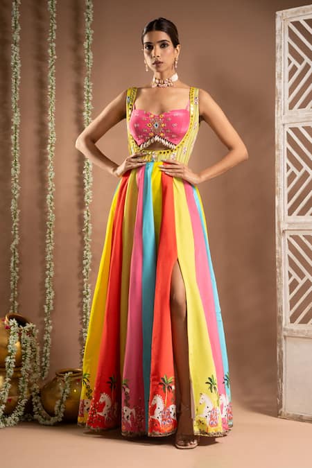 Ahi Clothing_Multi Color Crepe, Satin Mirrors, Horse Print Panelled Anarkali With Bustier _Online_at_Aza_Fashions