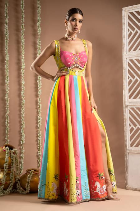 Buy_Ahi Clothing_Multi Color Crepe, Satin Mirrors, Horse Print Panelled Anarkali With Bustier _Online_at_Aza_Fashions