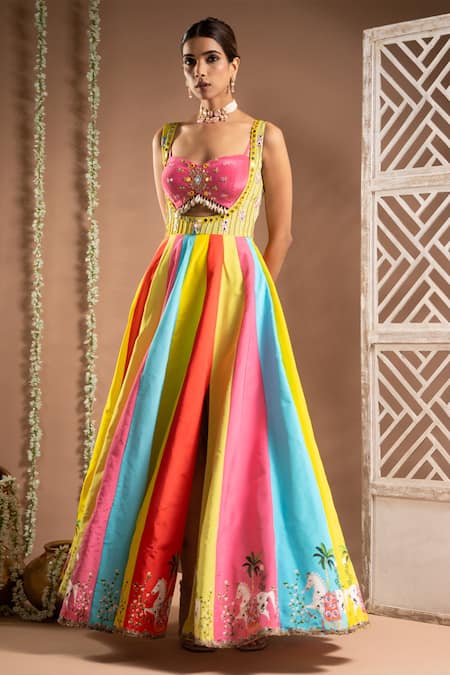 Shop_Ahi Clothing_Multi Color Crepe, Satin Mirrors, Horse Print Panelled Anarkali With Bustier _Online_at_Aza_Fashions