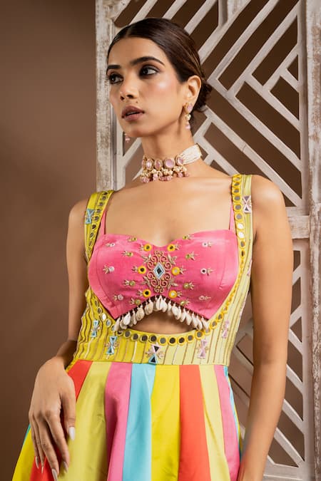 Ahi Clothing_Multi Color Crepe, Satin Mirrors, Horse Print Panelled Anarkali With Bustier _at_Aza_Fashions