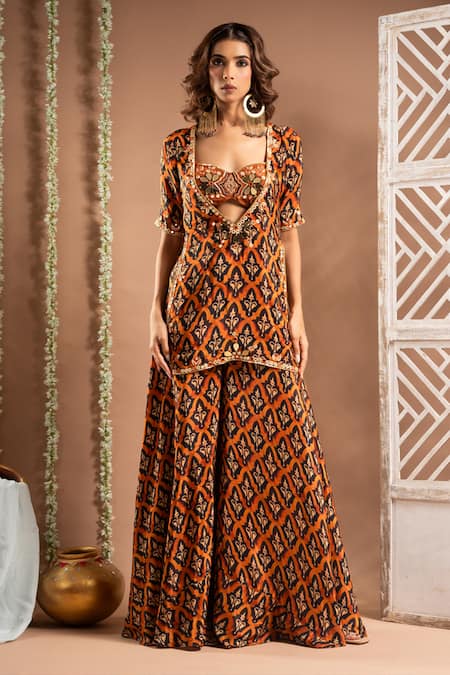 Ahi Clothing Brown Heavy Crepe Embroidered Mirror Floral Jaal Print Cut-out Palazzo Set 