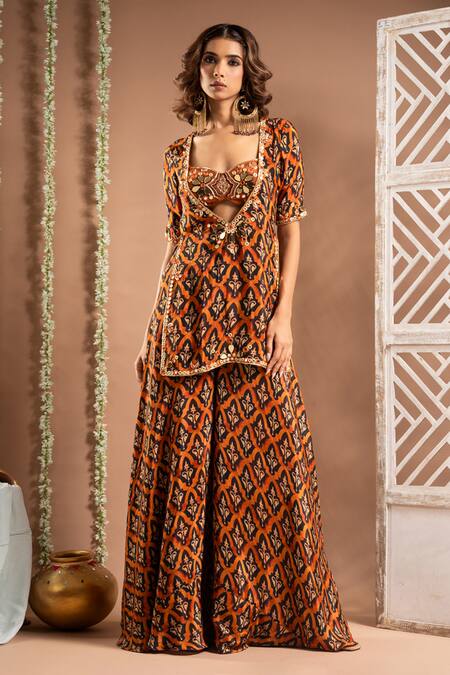 Buy Ahi Clothing Brown Crepe Embroidery, Mirrors, Floral Jaal Print Cut-out Kurta Palazzo Set Online at Aza Fashions Buy_Ahi Clothing_Brown Crepe Embroidery, Mirrors, Floral Jaal Print Cut-out Kurta Palazzo Set _Online_at_Aza_Fashions