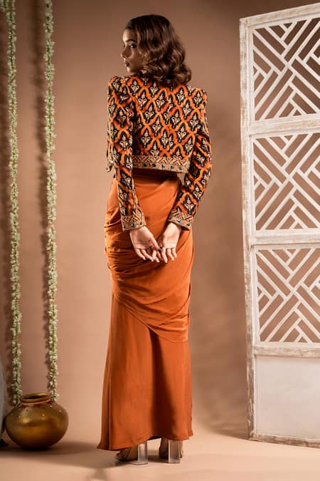 Shop Ahi Clothing Brown Crepe Mirrors, Zari Floral Jaal Print Cropped Jacket Draped Skirt Set at Aza Fashions Shop_Ahi Clothing_Brown Crepe Mirrors, Zari Floral Jaal Print Cropped Jacket Draped Skirt Set _at_Aza_Fashions
