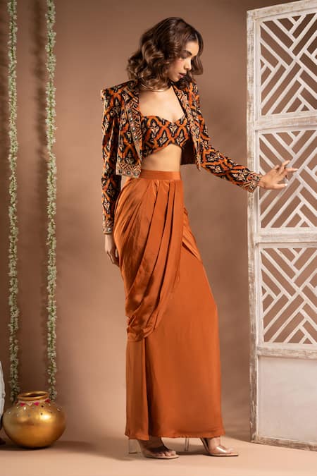 Buy Ahi Clothing Brown Crepe Mirrors, Zari Floral Jaal Print Cropped Jacket Draped Skirt Set Online at Aza Fashions Buy_Ahi Clothing_Brown Crepe Mirrors, Zari Floral Jaal Print Cropped Jacket Draped Skirt Set _Online_at_Aza_Fashions