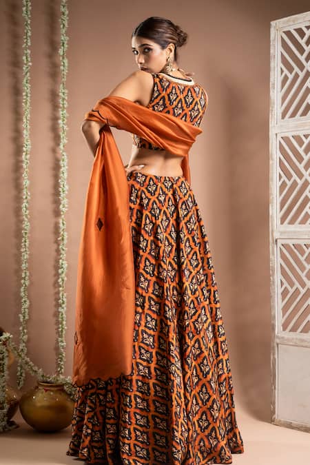 Shop Ahi Clothing Brown Hemp, Linen, Crepe Mirrors, Zari Scoop Neck Floral Jaal Print Lehenga Set at Aza Fashions Shop_Ahi Clothing_Brown Hemp, Linen, Crepe Mirrors, Zari Scoop Neck Floral Jaal Print Lehenga Set _at_Aza_Fashions