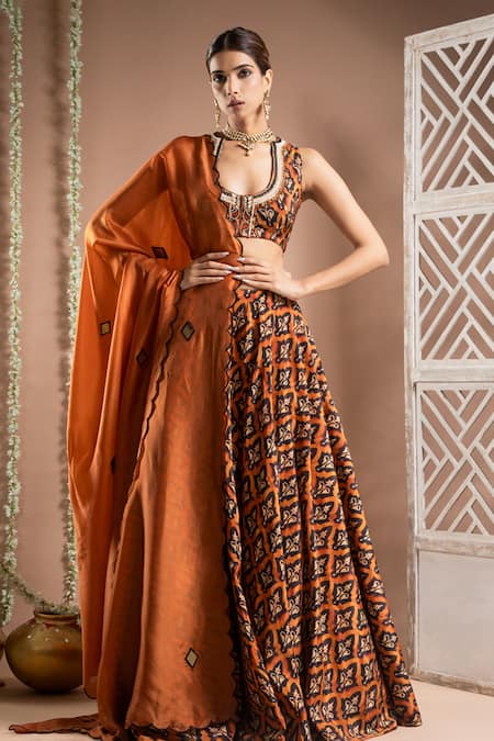 Ahi Clothing Brown Hemp, Linen, Crepe Mirrors, Zari Scoop Neck Floral Jaal Print Lehenga Set Online at Aza Fashions Ahi Clothing_Brown Hemp, Linen, Crepe Mirrors, Zari Scoop Neck Floral Jaal Print Lehenga Set _Online_at_Aza_Fashions
