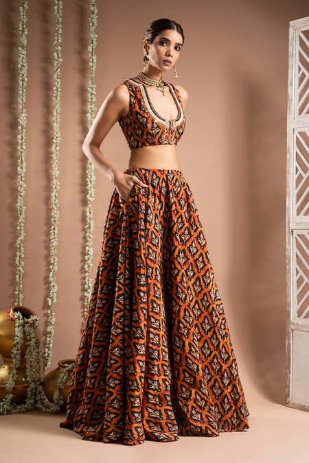 Buy Ahi Clothing Brown Hemp, Linen, Crepe Mirrors, Zari Scoop Neck Floral Jaal Print Lehenga Set Online at Aza Fashions Buy_Ahi Clothing_Brown Hemp, Linen, Crepe Mirrors, Zari Scoop Neck Floral Jaal Print Lehenga Set _Online_at_Aza_Fashions