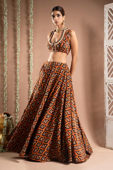 Shop Ahi Clothing Brown Hemp, Linen, Crepe Mirrors, Zari Scoop Neck Floral Jaal Print Lehenga Set Online at Aza Fashions Shop_Ahi Clothing_Brown Hemp, Linen, Crepe Mirrors, Zari Scoop Neck Floral Jaal Print Lehenga Set _Online_at_Aza_Fashions