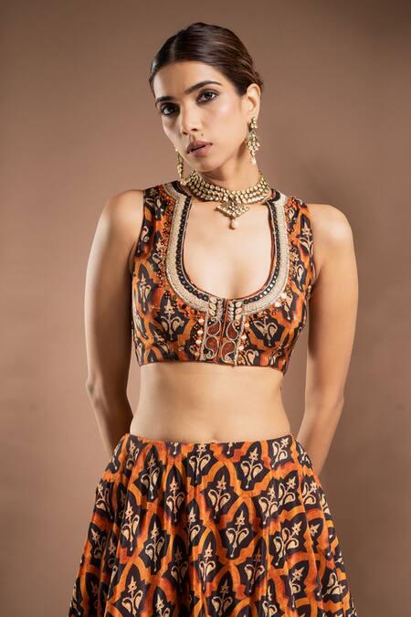 Ahi Clothing Brown Hemp, Linen, Crepe Mirrors, Zari Scoop Neck Floral Jaal Print Lehenga Set at Aza Fashions Ahi Clothing_Brown Hemp, Linen, Crepe Mirrors, Zari Scoop Neck Floral Jaal Print Lehenga Set _at_Aza_Fashions