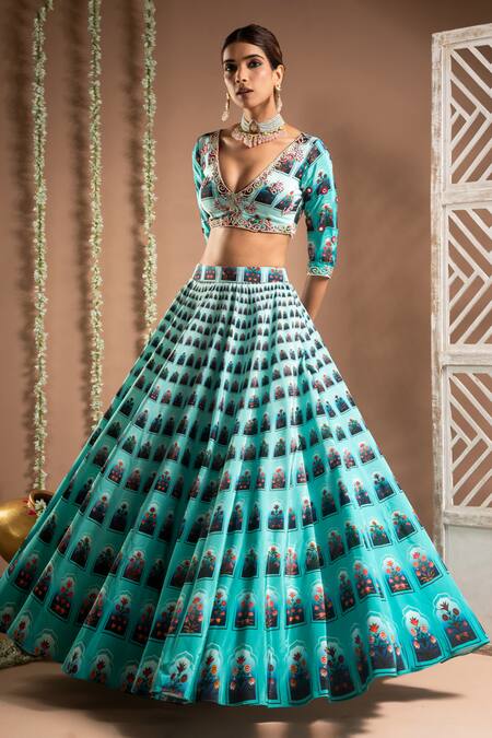 Buy Ahi Clothing Blue Crepe Mirrors, Zari Plunge Neck Floral Jharokha Print Lehenga With Bustier Online at Aza Fashions Buy_Ahi Clothing_Blue Crepe Mirrors, Zari Plunge Neck Floral Jharokha Print Lehenga With Bustier _Online_at_Aza_Fashions