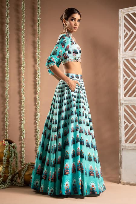 Shop Ahi Clothing Blue Crepe Mirrors, Zari Plunge Neck Floral Jharokha Print Lehenga With Bustier Online at Aza Fashions Shop_Ahi Clothing_Blue Crepe Mirrors, Zari Plunge Neck Floral Jharokha Print Lehenga With Bustier _Online_at_Aza_Fashions