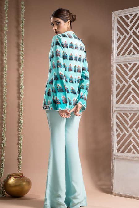 Shop Ahi Clothing Blue Crepe Mirrors, Zari Asymmetric Floral Jharokha Print Coat With Flared Pant at Aza Fashions Shop_Ahi Clothing_Blue Crepe Mirrors, Zari Asymmetric Floral Jharokha Print Coat With Flared Pant _at_Aza_Fashions