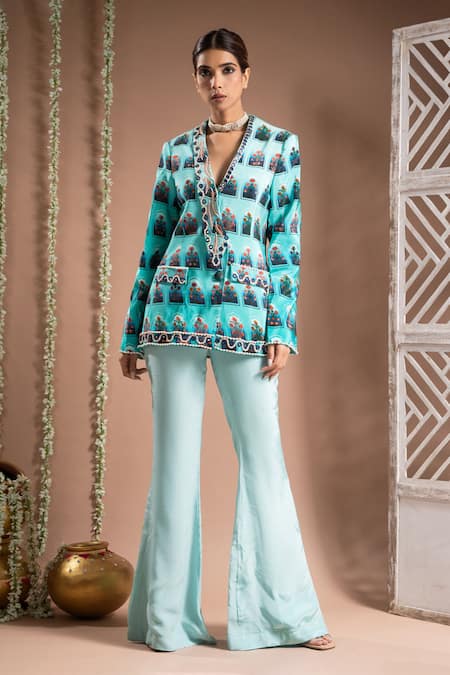 Buy Ahi Clothing Blue Crepe Mirrors, Zari Asymmetric Floral Jharokha Print Coat With Flared Pant Online at Aza Fashions Buy_Ahi Clothing_Blue Crepe Mirrors, Zari Asymmetric Floral Jharokha Print Coat With Flared Pant _Online_at_Aza_Fashions