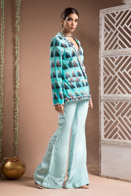 Shop Ahi Clothing Blue Crepe Mirrors, Zari Asymmetric Floral Jharokha Print Coat With Flared Pant Online at Aza Fashions Shop_Ahi Clothing_Blue Crepe Mirrors, Zari Asymmetric Floral Jharokha Print Coat With Flared Pant _Online_at_Aza_Fashions