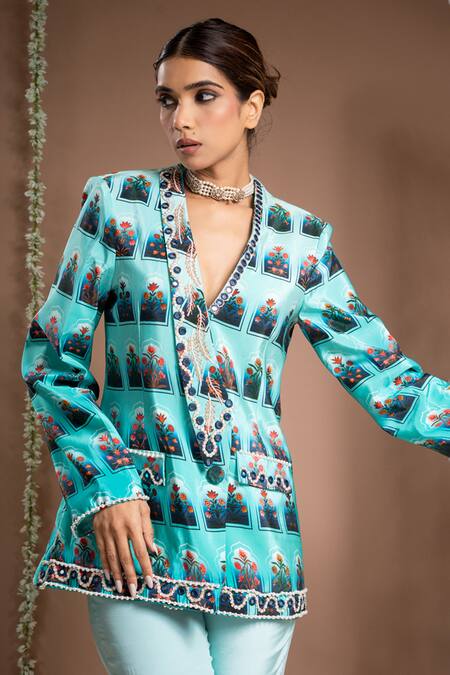 Ahi Clothing Blue Crepe Mirrors, Zari Asymmetric Floral Jharokha Print Coat With Flared Pant at Aza Fashions Ahi Clothing_Blue Crepe Mirrors, Zari Asymmetric Floral Jharokha Print Coat With Flared Pant _at_Aza_Fashions