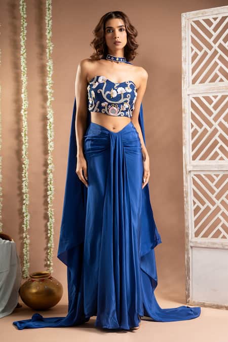 Ahi Clothing_Blue Crepe, Linen, Chiffon Mirrors, Zardozi Embellished Corset Draped Skirt Set _Online_at_Aza_Fashions