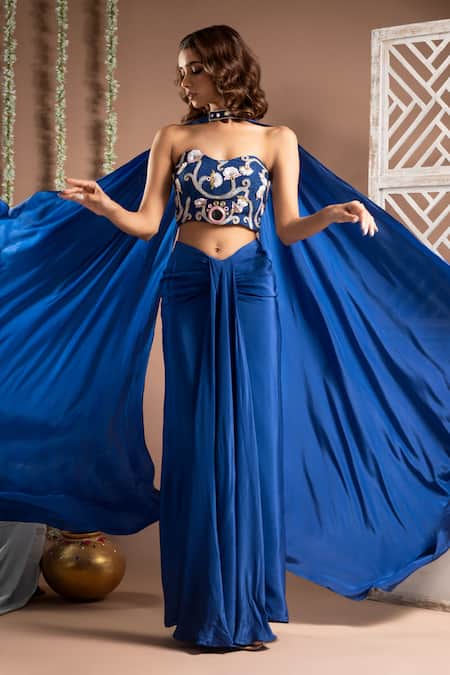 Buy_Ahi Clothing_Blue Crepe, Linen, Chiffon Mirrors, Zardozi Embellished Corset Draped Skirt Set _Online_at_Aza_Fashions