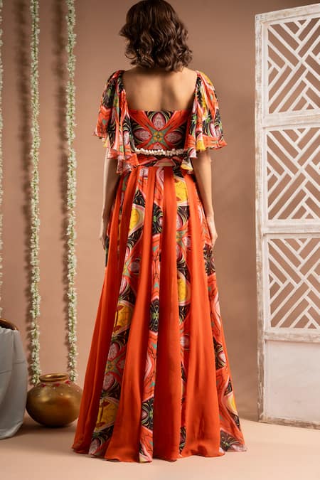 Shop Ahi Clothing Orange Georgette Embroidery, Beads Floral Print Slit Lehenga With Blouse at Aza Fashions Shop_Ahi Clothing_Orange Georgette Embroidery, Beads Floral Print Slit Lehenga With Blouse _at_Aza_Fashions