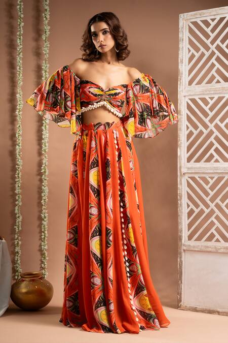 Buy Ahi Clothing Orange Georgette Embroidery, Beads Floral Print Slit Lehenga With Blouse Online at Aza Fashions Buy_Ahi Clothing_Orange Georgette Embroidery, Beads Floral Print Slit Lehenga With Blouse _Online_at_Aza_Fashions