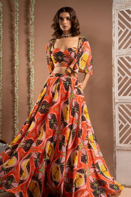 Ahi Clothing Orange Georgette Embroidery, Cut Work, Zari Floral Print Cape Lehenga Set Online at Aza Fashions Ahi Clothing_Orange Georgette Embroidery, Cut Work, Zari Floral Print Cape Lehenga Set _Online_at_Aza_Fashions