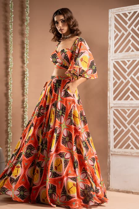 Shop Ahi Clothing Orange Georgette Embroidery, Cut Work, Zari Floral Print Cape Lehenga Set Online at Aza Fashions Shop_Ahi Clothing_Orange Georgette Embroidery, Cut Work, Zari Floral Print Cape Lehenga Set _Online_at_Aza_Fashions