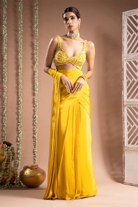 Buy Ahi Clothing Yellow Crepe, Linen Sequins, Solid Pre-draped Saree With Embroidered Bustier Online at Aza Fashions Buy_Ahi Clothing_Yellow Crepe, Linen Sequins, Solid Pre-draped Saree With Embroidered Bustier _Online_at_Aza_Fashions