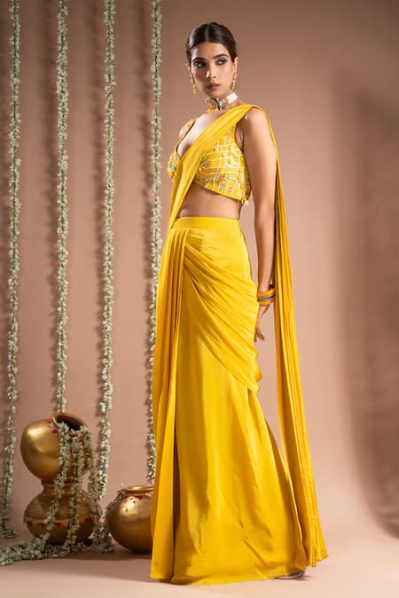 Shop Ahi Clothing Yellow Crepe, Linen Sequins, Solid Pre-draped Saree With Embroidered Bustier Online at Aza Fashions Shop_Ahi Clothing_Yellow Crepe, Linen Sequins, Solid Pre-draped Saree With Embroidered Bustier _Online_at_Aza_Fashions