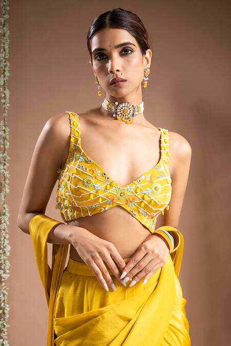 Ahi Clothing Yellow Crepe, Linen Sequins, Solid Pre-draped Saree With Embroidered Bustier at Aza Fashions Ahi Clothing_Yellow Crepe, Linen Sequins, Solid Pre-draped Saree With Embroidered Bustier _at_Aza_Fashions