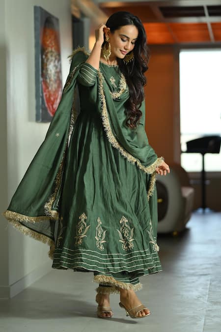 Ahi Clothing Green Pure Chanderi Silk Embroidered Kiran Zari Handwork Anarkali Palazzo Set 