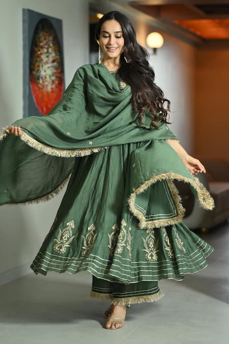 Shop_Ahi Clothing_Green Chanderi , Cotton, Sequins, Zari, Handwork Anarkali Palazzo Set _at_Aza_Fashions