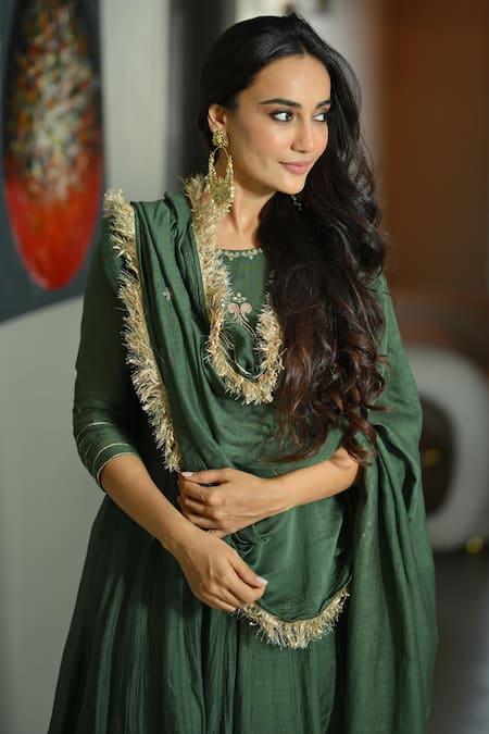 Ahi Clothing_Green Chanderi , Cotton, Sequins, Zari, Handwork Anarkali Palazzo Set _Online_at_Aza_Fashions