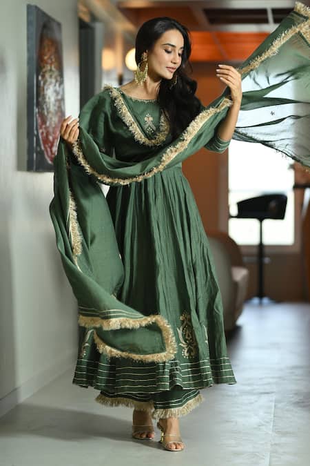 Buy_Ahi Clothing_Green Chanderi , Cotton, Sequins, Zari, Handwork Anarkali Palazzo Set _Online_at_Aza_Fashions