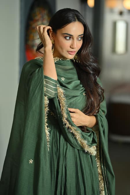 Shop_Ahi Clothing_Green Chanderi , Cotton, Sequins, Zari, Handwork Anarkali Palazzo Set _Online_at_Aza_Fashions