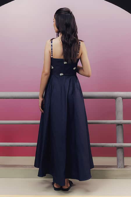Shop Kavya Singh Kundu Black Denim Embroidery Bandeau Neck Dom Shell And Diamond Dress at Aza Fashions Shop_Kavya Singh Kundu_Black Denim Embroidery Bandeau Neck Dom Shell And Diamond Dress _at_Aza_Fashions