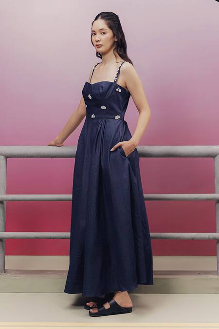 Kavya Singh Kundu Black Denim Embroidery Bandeau Neck Dom Shell And Diamond Dress Online at Aza Fashions Kavya Singh Kundu_Black Denim Embroidery Bandeau Neck Dom Shell And Diamond Dress _Online_at_Aza_Fashions
