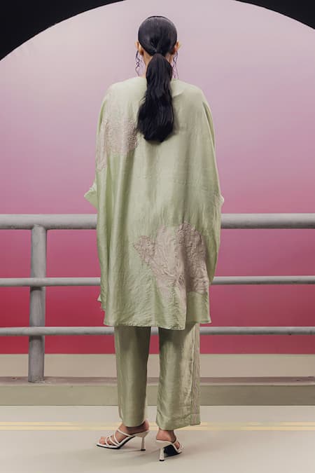 Shop_Kavya Singh Kundu_Green Handloom Cotton, Silk Flo Placement Leaf Embroidered Tunic And Pant Set _at_Aza_Fashions