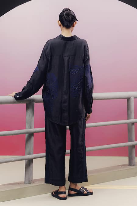 Shop Kavya Singh Kundu Black Silk Beads, Sequins Graize Leaf Applique Embroidered Shirt And Pant Set at Aza Fashions Shop_Kavya Singh Kundu_Black Silk Beads, Sequins Graize Leaf Applique Embroidered Shirt And Pant Set _at_Aza_Fashions