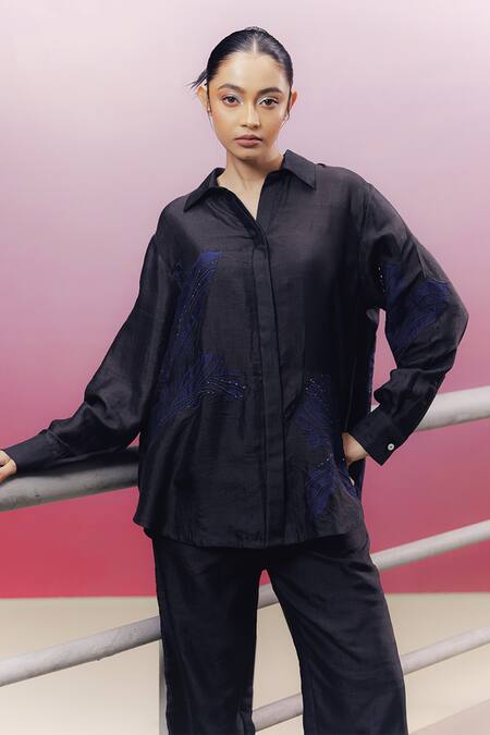 Kavya Singh Kundu Black Silk Beads, Sequins Graize Leaf Applique Embroidered Shirt And Pant Set Online at Aza Fashions Kavya Singh Kundu_Black Silk Beads, Sequins Graize Leaf Applique Embroidered Shirt And Pant Set _Online_at_Aza_Fashions