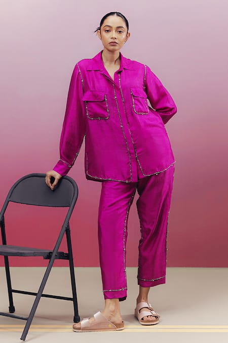 Kavya Singh Kundu Pink Handwoven Mulberry Silk Embroidered Bead Musc Work Shirt And Pant Set 