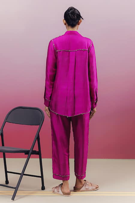 Shop Kavya Singh Kundu Pink Silk Beads Collared Musc Work Shirt And Pant Set at Aza Fashions Shop_Kavya Singh Kundu_Pink Silk Beads Collared Musc Work Shirt And Pant Set _at_Aza_Fashions