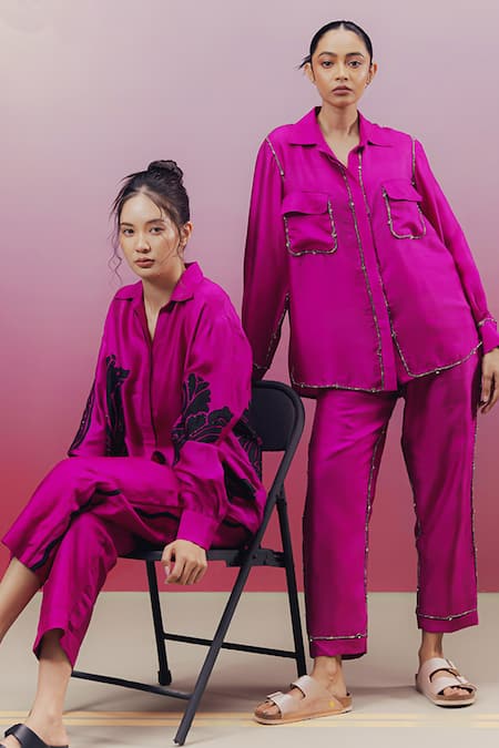 Kavya Singh Kundu Pink Silk Beads Collared Musc Work Shirt And Pant Set Online at Aza Fashions Kavya Singh Kundu_Pink Silk Beads Collared Musc Work Shirt And Pant Set _Online_at_Aza_Fashions