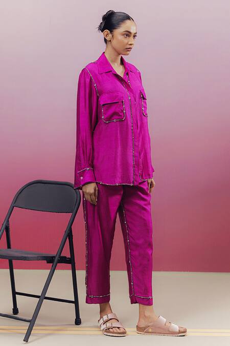 Buy Kavya Singh Kundu Pink Silk Beads Collared Musc Work Shirt And Pant Set Online at Aza Fashions Buy_Kavya Singh Kundu_Pink Silk Beads Collared Musc Work Shirt And Pant Set _Online_at_Aza_Fashions
