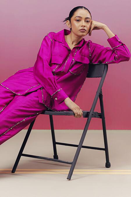 Shop Kavya Singh Kundu Pink Silk Beads Collared Musc Work Shirt And Pant Set Online at Aza Fashions Shop_Kavya Singh Kundu_Pink Silk Beads Collared Musc Work Shirt And Pant Set _Online_at_Aza_Fashions