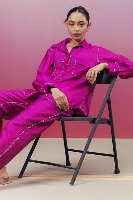 Kavya Singh Kundu Pink Silk Beads Collared Musc Work Shirt And Pant Set at Aza Fashions Kavya Singh Kundu_Pink Silk Beads Collared Musc Work Shirt And Pant Set _at_Aza_Fashions