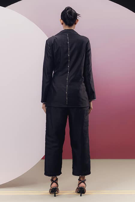 Shop Kavya Singh Kundu Black Handloom Cotton, Silk Beads, Stones Nick And Work Blazer & Pant Set at Aza Fashions Shop_Kavya Singh Kundu_Black Handloom Cotton, Silk Beads, Stones Nick And Work Blazer & Pant Set _at_Aza_Fashions