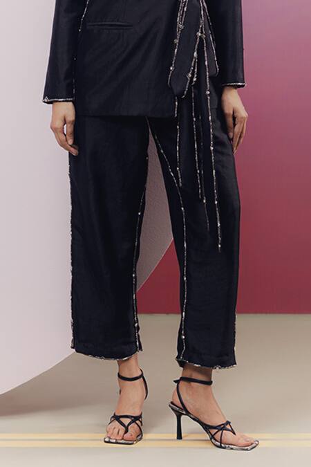 Kavya Singh Kundu Black Handloom Cotton, Silk Beads, Stones Nick And Work Blazer & Pant Set Online at Aza Fashions Kavya Singh Kundu_Black Handloom Cotton, Silk Beads, Stones Nick And Work Blazer & Pant Set _Online_at_Aza_Fashions