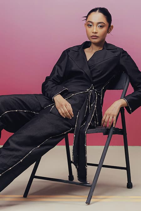 Shop Kavya Singh Kundu Black Handloom Cotton, Silk Beads, Stones Nick And Work Blazer & Pant Set Online at Aza Fashions Shop_Kavya Singh Kundu_Black Handloom Cotton, Silk Beads, Stones Nick And Work Blazer & Pant Set _Online_at_Aza_Fashions