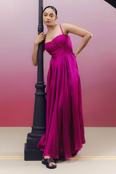 Kavya Singh Kundu_Pink Silk Beads Sweetheart Neck Payne Work Maxi Dress _Online_at_Aza_Fashions