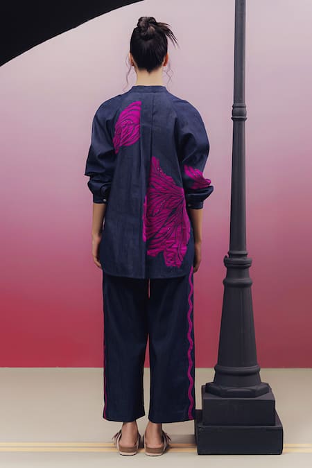 Shop_Kavya Singh Kundu_Blue Denim Beads, Applique Mandarin Penz Leaf Embroidered Shirt And Pant Set _at_Aza_Fashions