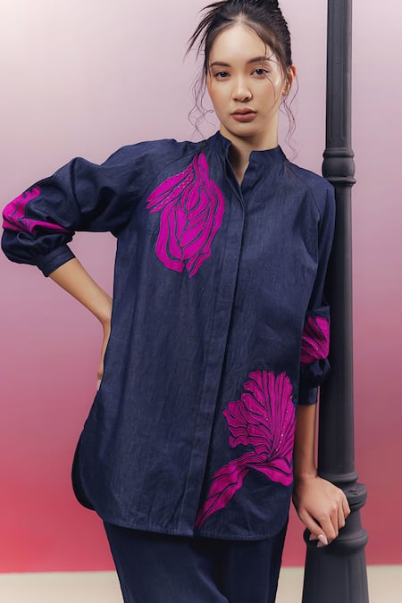 Kavya Singh Kundu_Blue Denim Beads, Applique Mandarin Penz Leaf Embroidered Shirt And Pant Set _Online_at_Aza_Fashions